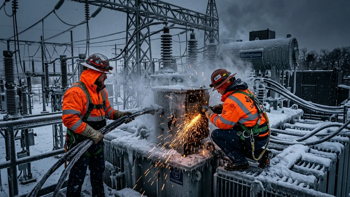 Electricians and technicians working on the maintenance of a frozen electrical substation in Texas