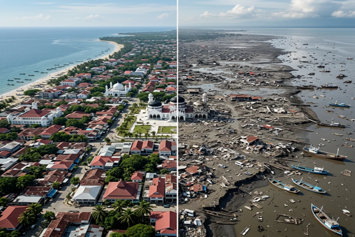 Aerial photograph of the devastation caused by the 2004 tsunami in Banda Aceh Indonesia showing entire neighborhoods swept away