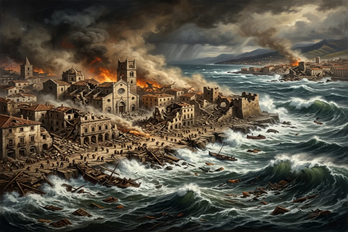 Historical illustration showing tsunami waves hitting the city of Messina in Sicily in 1908