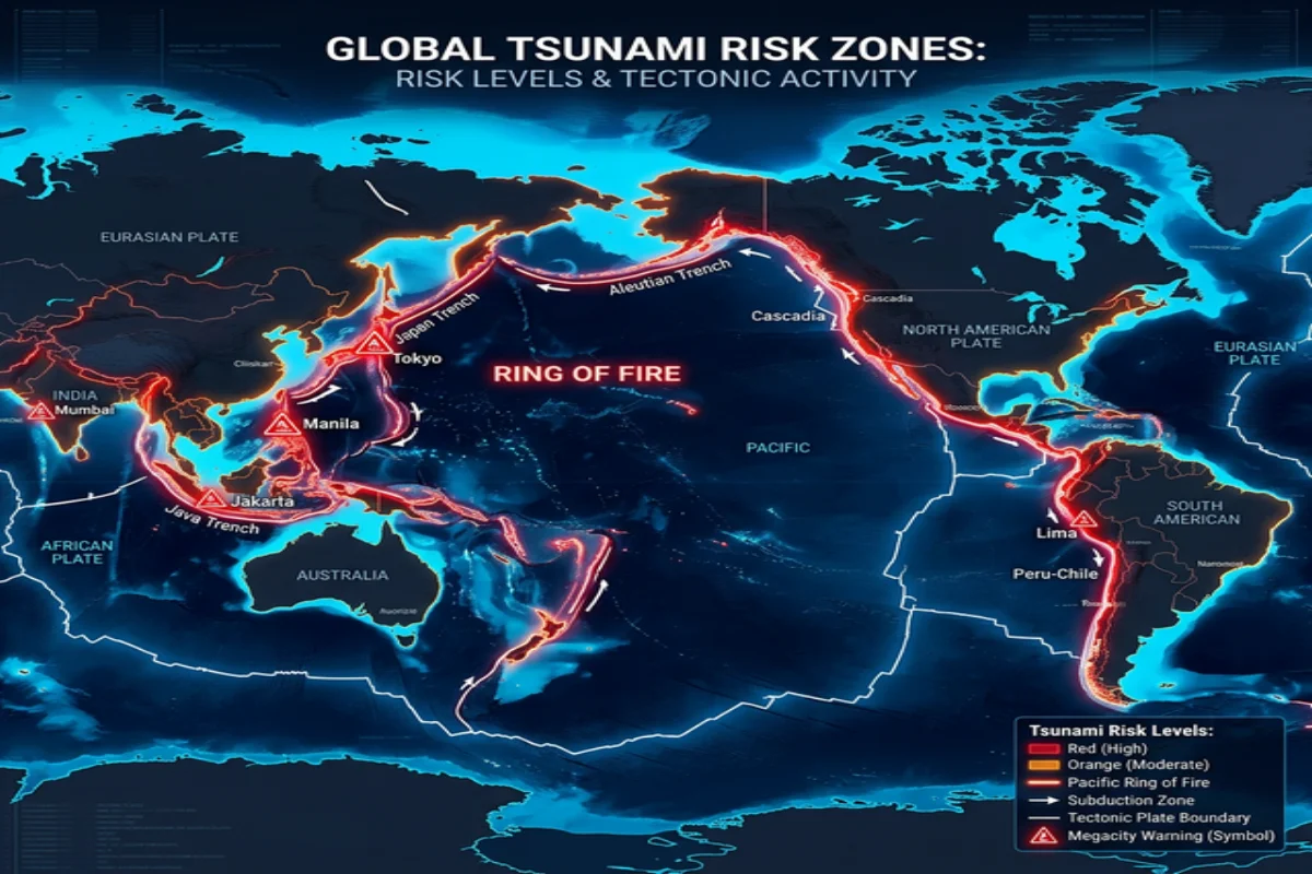 World map highlighting tsunami risk zones and vulnerable coastal megacities including Tokyo Manila and Jakarta