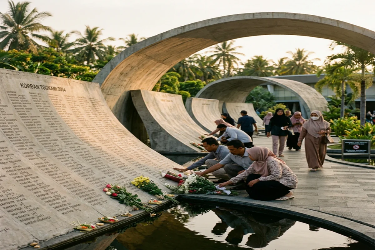 Aerial view of the 2004 tsunami victims memorial in Banda Aceh with flowers and commemorative plaques