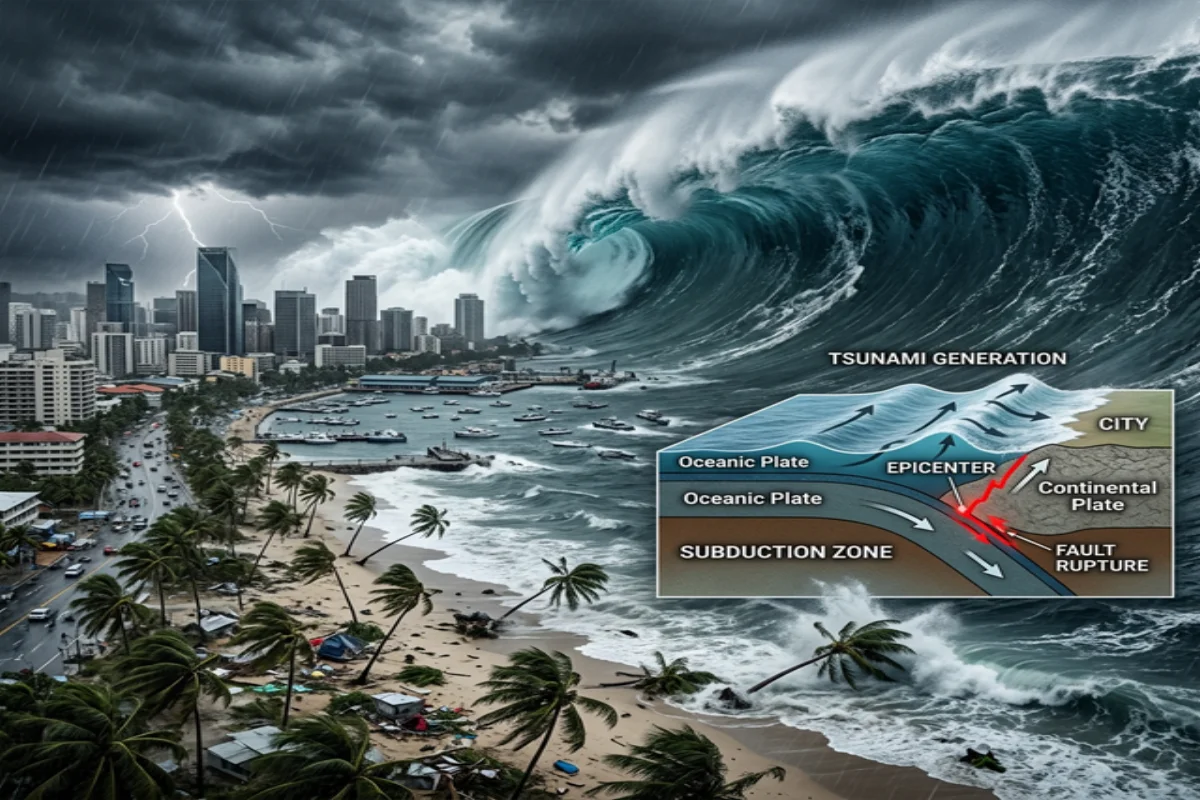 Scientific diagram showing how a submarine earthquake generates tsunami waves that propagate across the ocean until hitting the coast