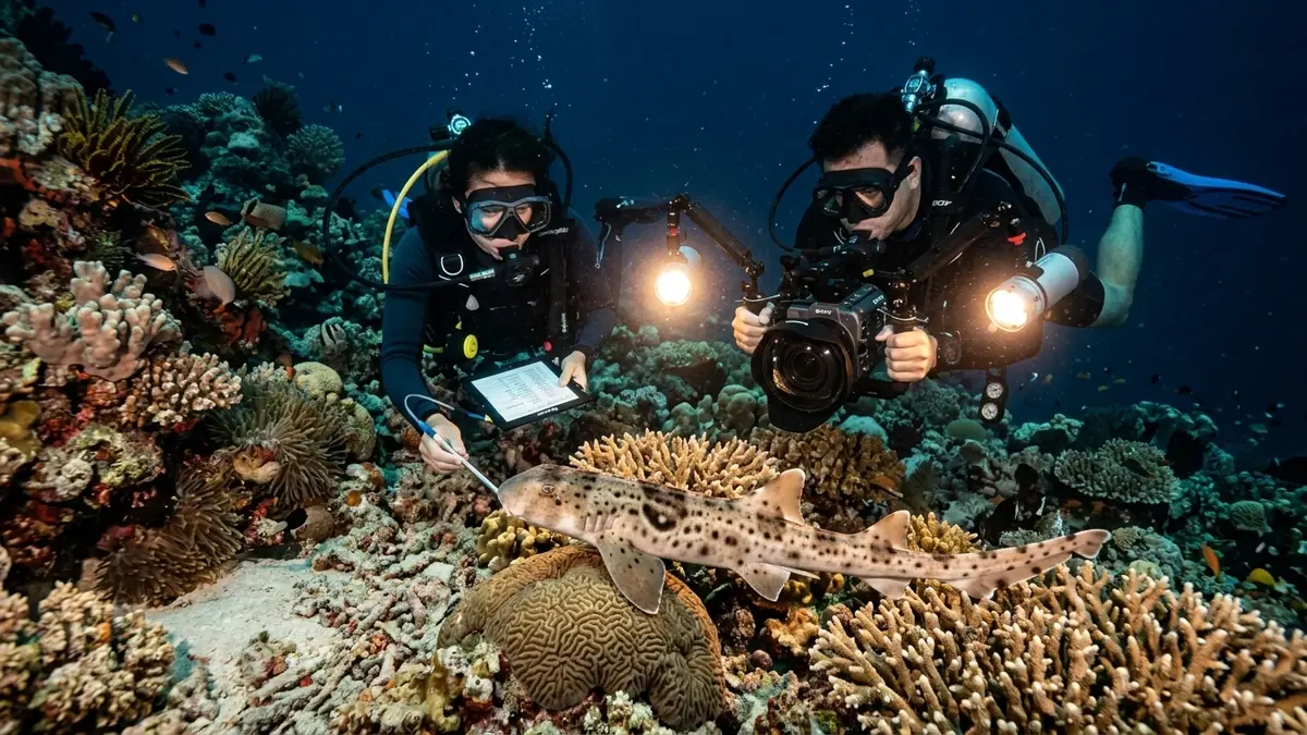 Researchers and divers studying the walking shark at night