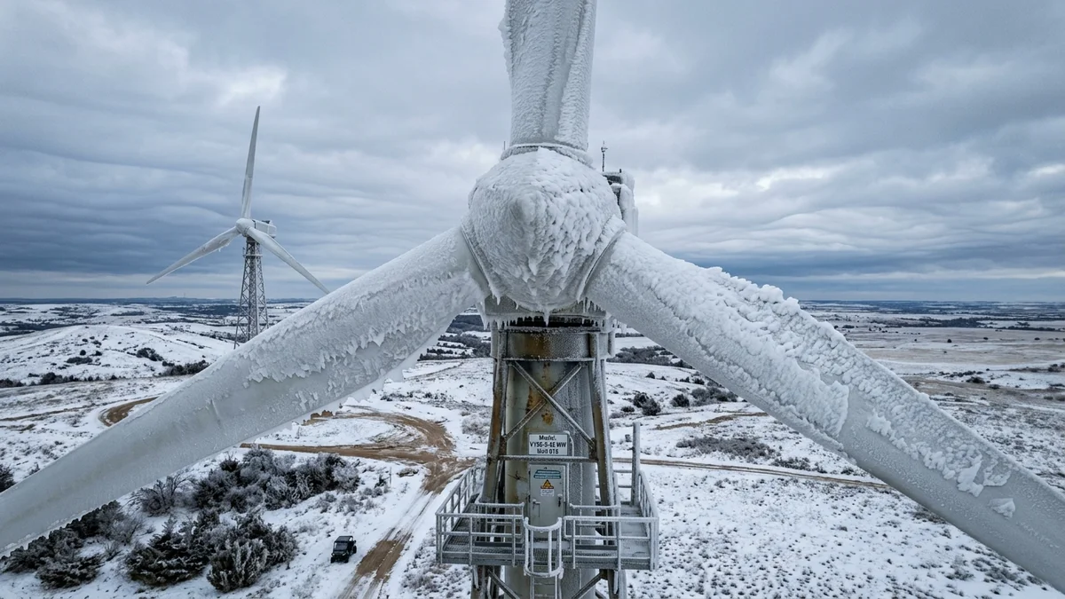 Giant wind turbines in Texas covered in thick layers of ice during a winter storm