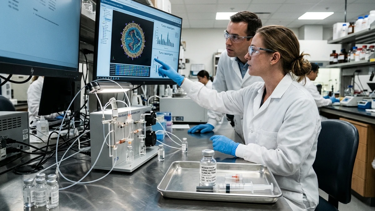 Oncology researchers in molecular laboratory analyzing genomic tumor neoantigen data and mRNA cancer vaccine lipid nanoparticles