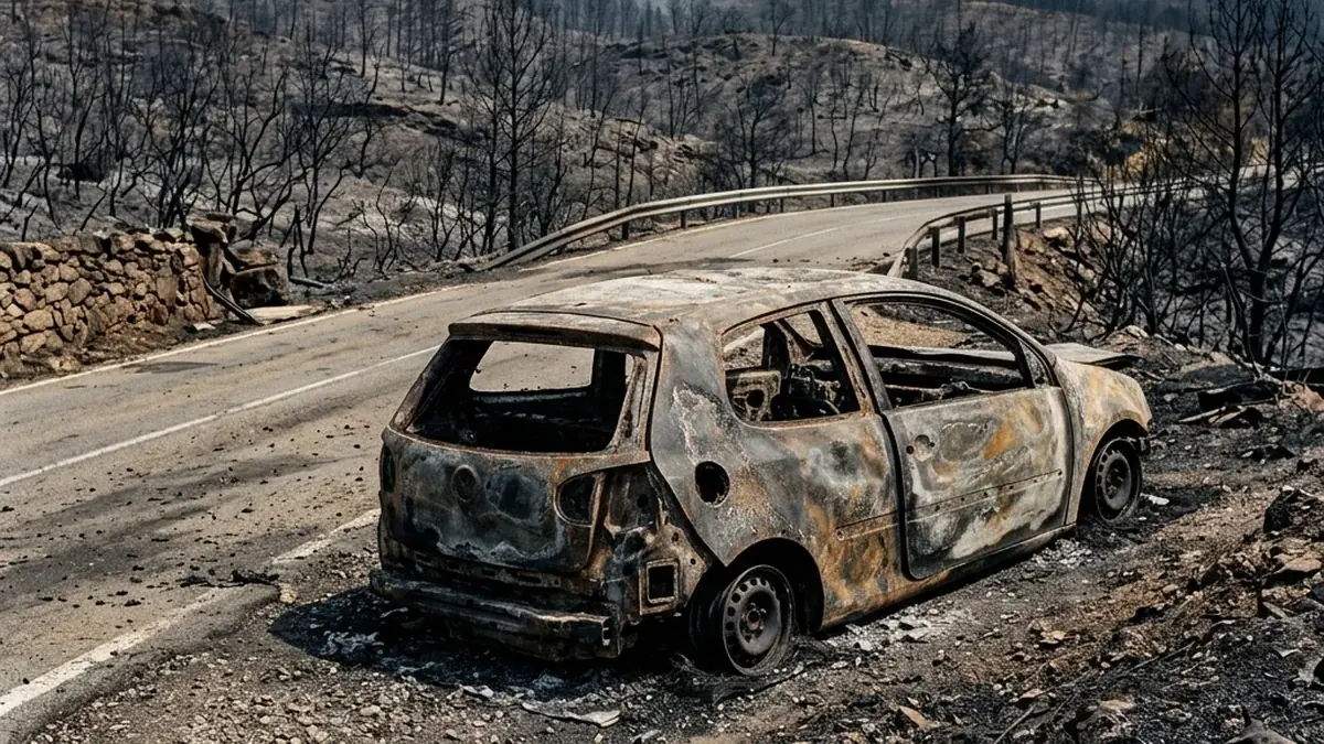 A carbonized vehicle on the highway adjacent to Los Gallardos after being trapped by the fast-moving flames of the wildfire in July 2026.
