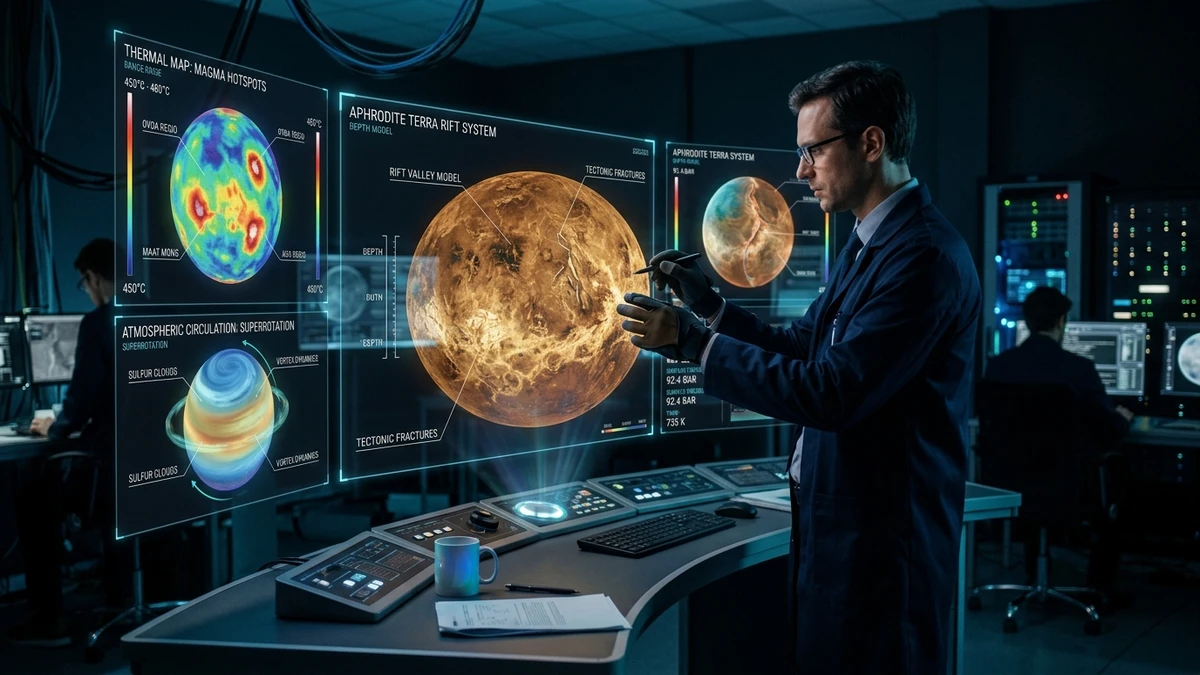 Cientista analisando modelos tridimensionais de Vênus no laboratório