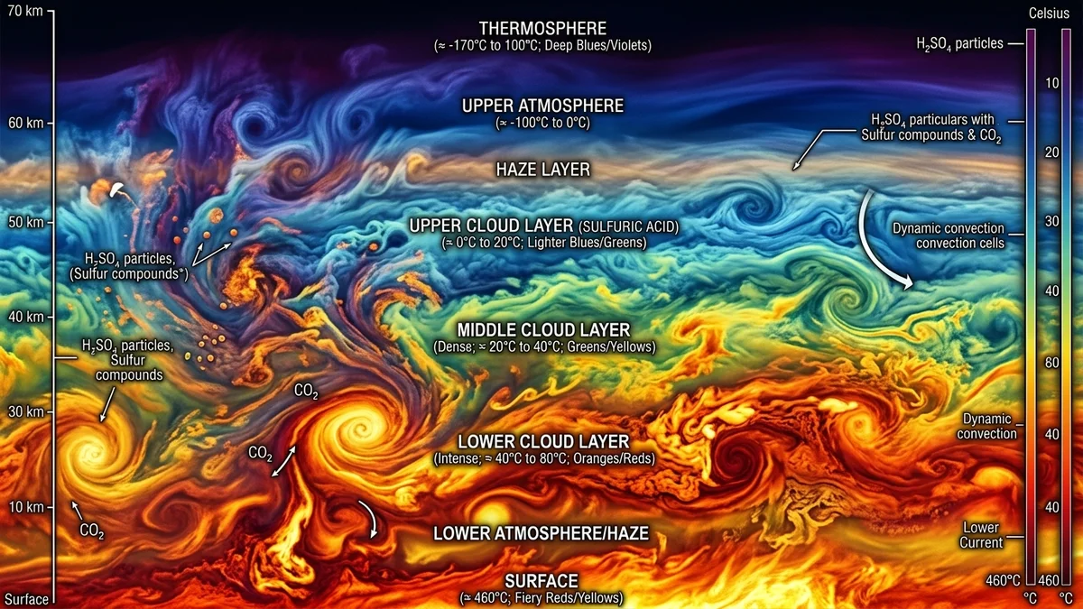 Detailed infographic of Venusian atmospheric layers and gravity wave propagation