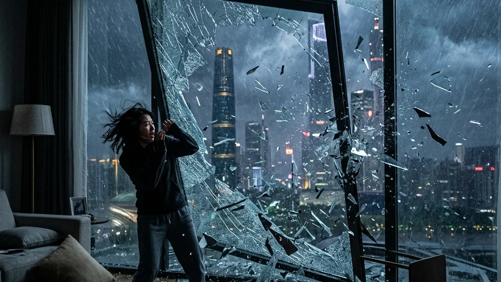 Ventanas completamente destruidas en un apartamento de piso alto, ilustrando el peligro de los escombros lanzados por la tormenta Vidrios rotos en un apartamento tras la tormenta
