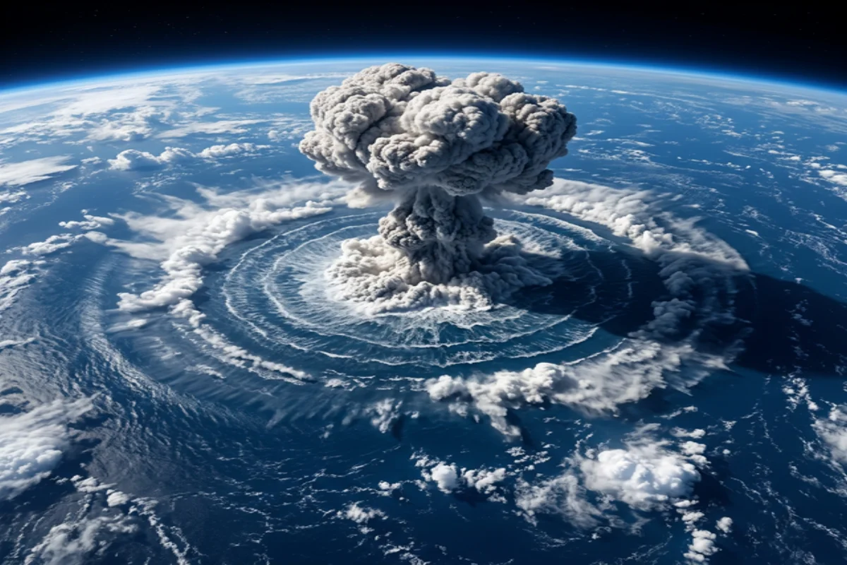 Vista de satélite da explosão do Hunga Tonga em janeiro de 2022 com o cogumelo de cinzas atingindo a estratosfera e ondas de choque visíveis