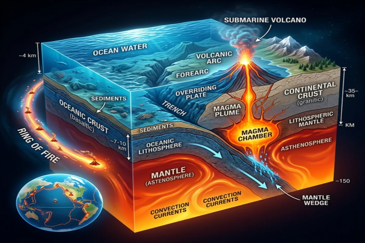 Diagrama 3D de seção transversal mostrando placa tectônica oceânica mergulhando sob placa continental e formando vulcão submarino