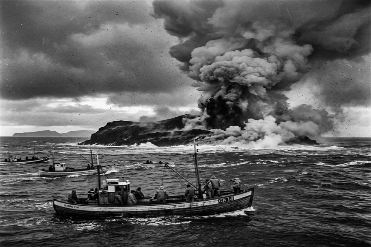 A ilha vulcânica de Surtsey emergindo do oceano próximo à Islândia em 1963 com barcos de pesca observando