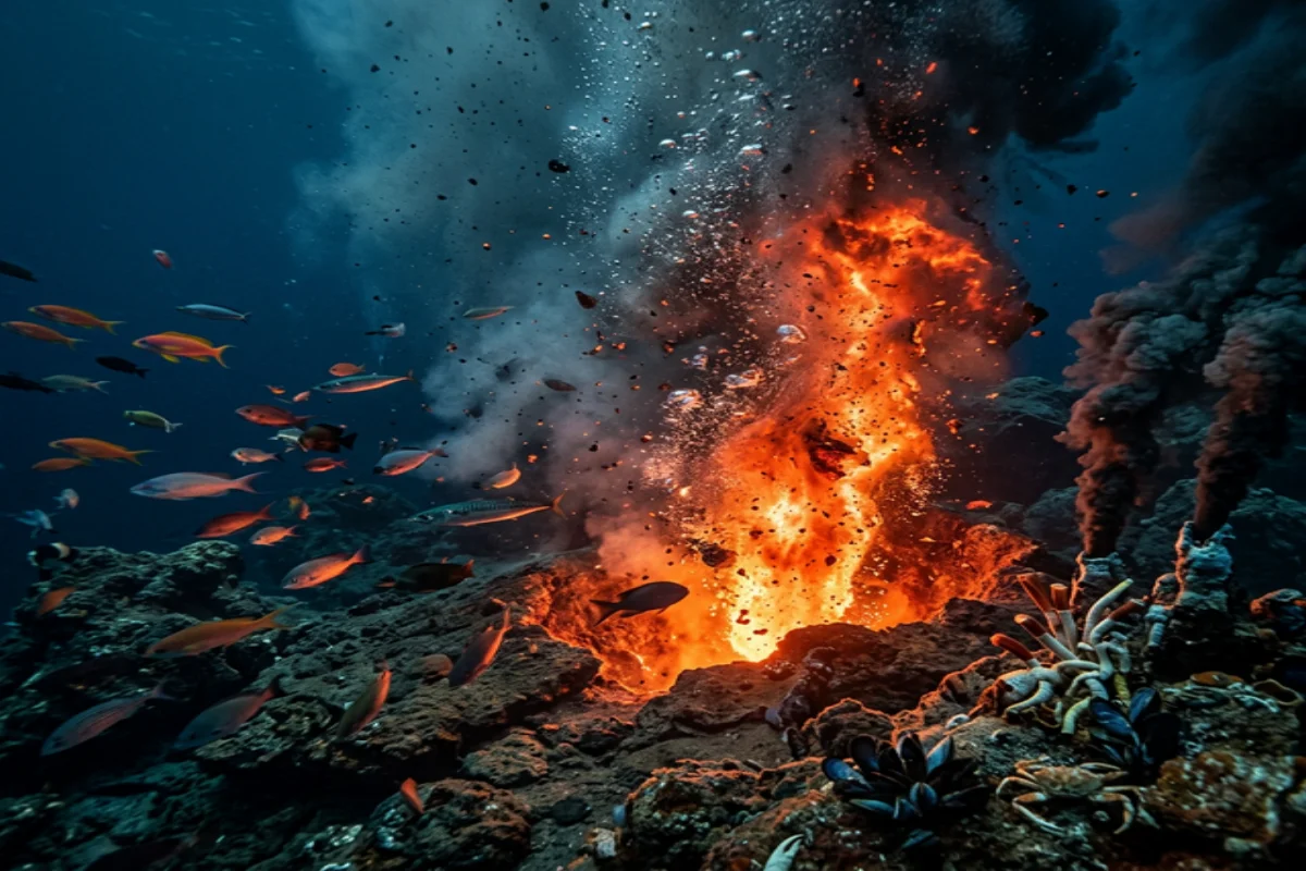 Erupção vulcânica submarina com lava incandescente explodindo do fundo do oceano em meio a peixes e vida marinha