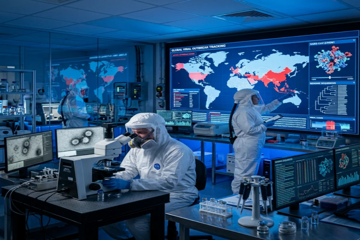 Virology laboratory with scientists in biosafety suits analyzing viruses