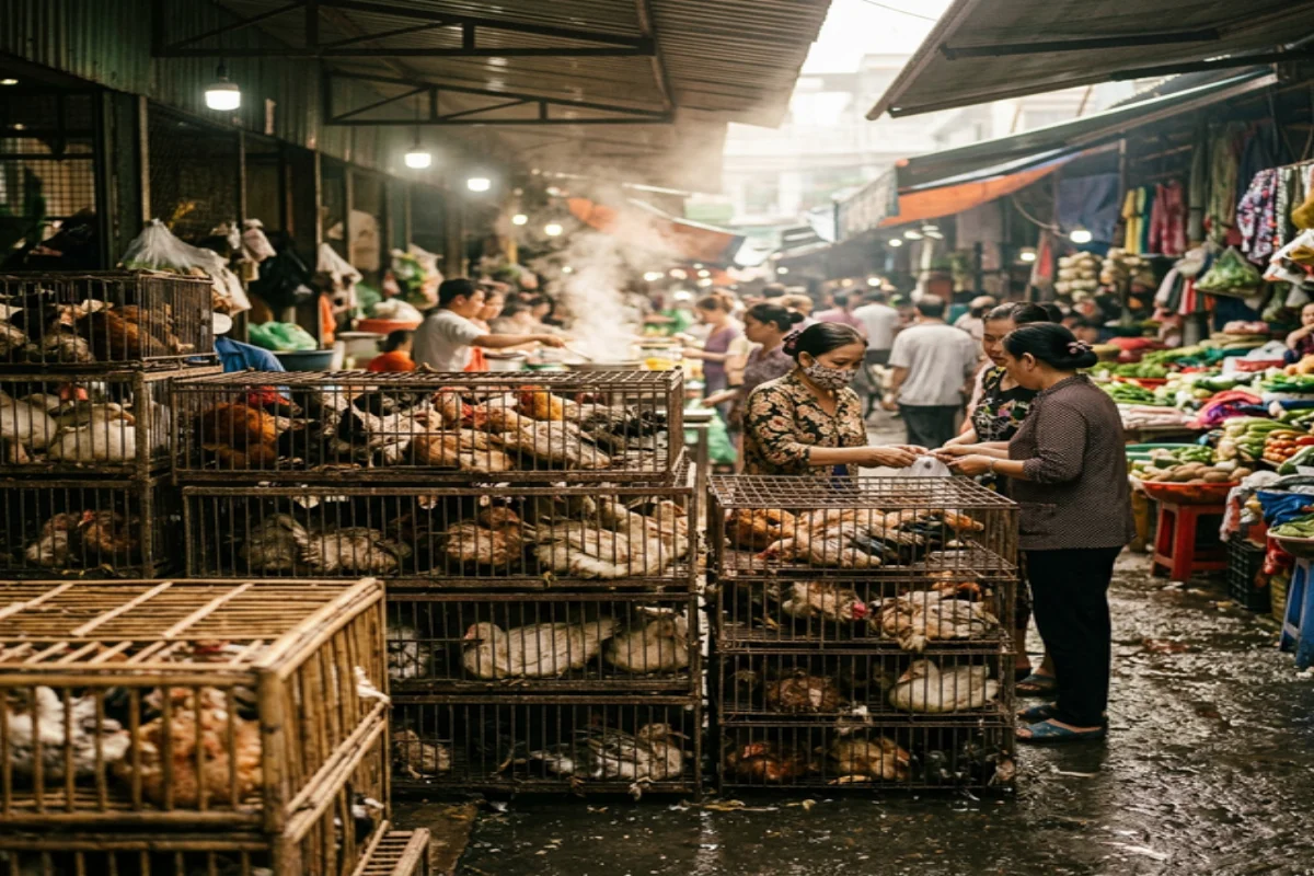 Live animal market in Southeast Asia with stacked cages of poultry