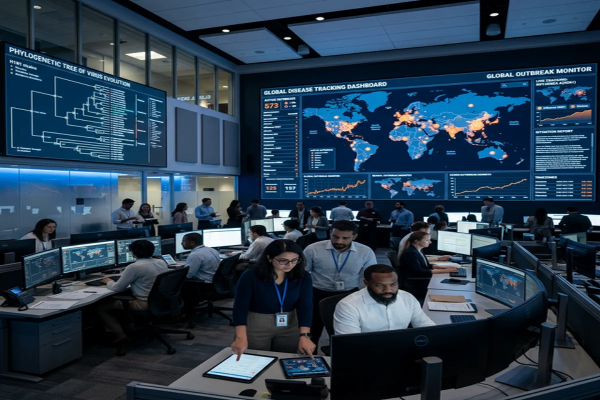Epidemiological surveillance center with multiple screens showing global outbreak data