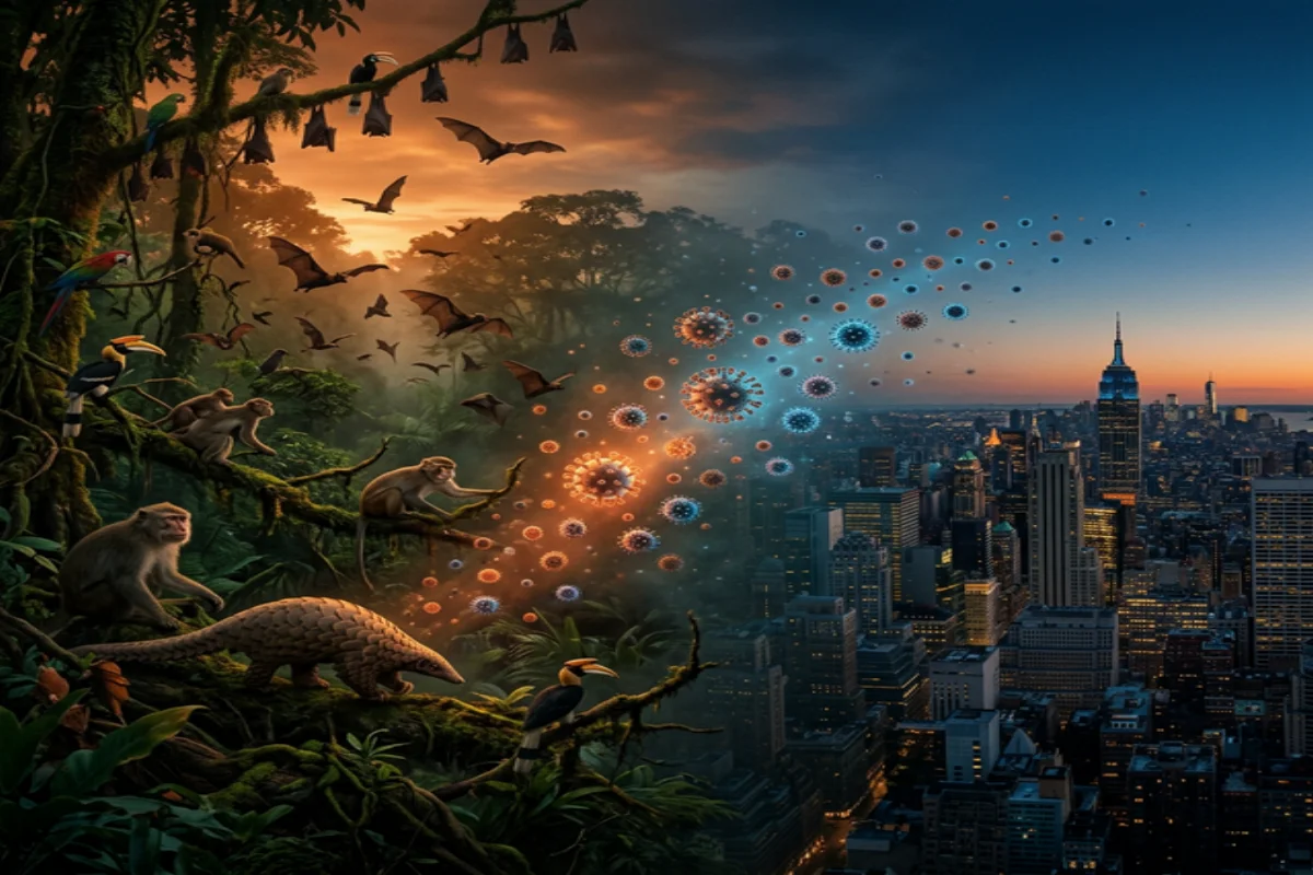 Dramatic scene showing zoonotic disease transmission between wild animals and human cities