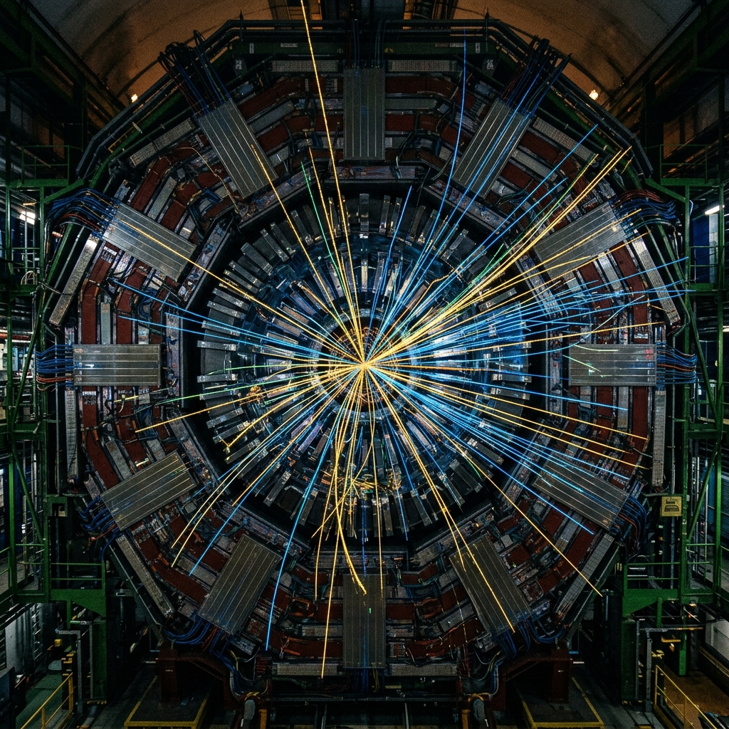 Representação artística do bárion Ξcc+ com seus três quarks no interior do LHC