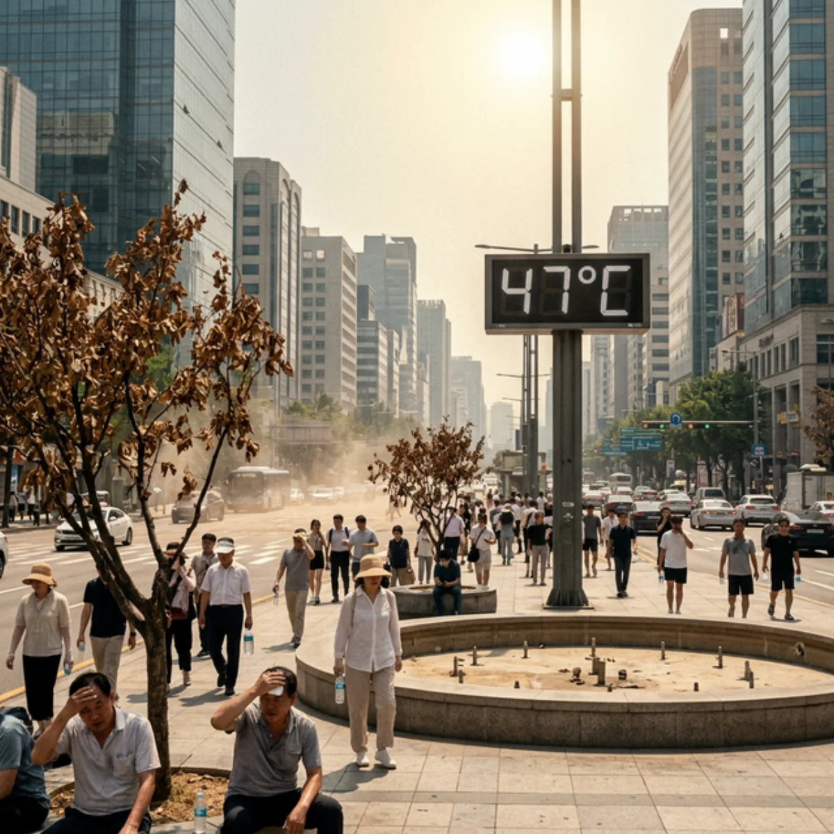 Extreme heat wave in modern city with thermometer showing 47°C