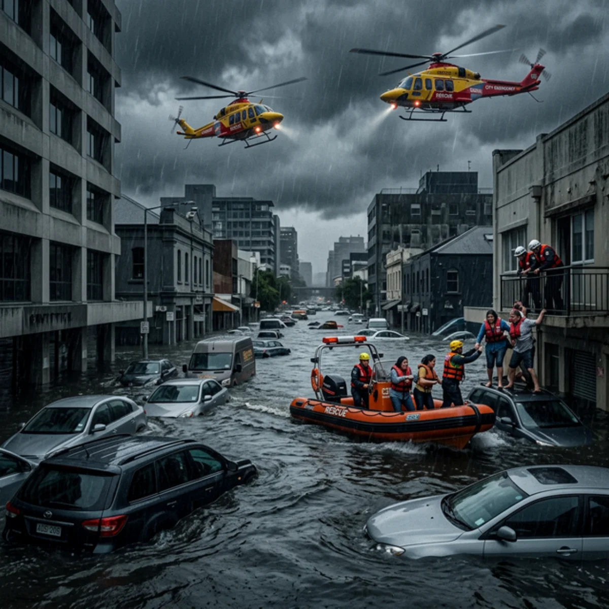 Devastating floods in city with floating cars and helicopter rescue operations