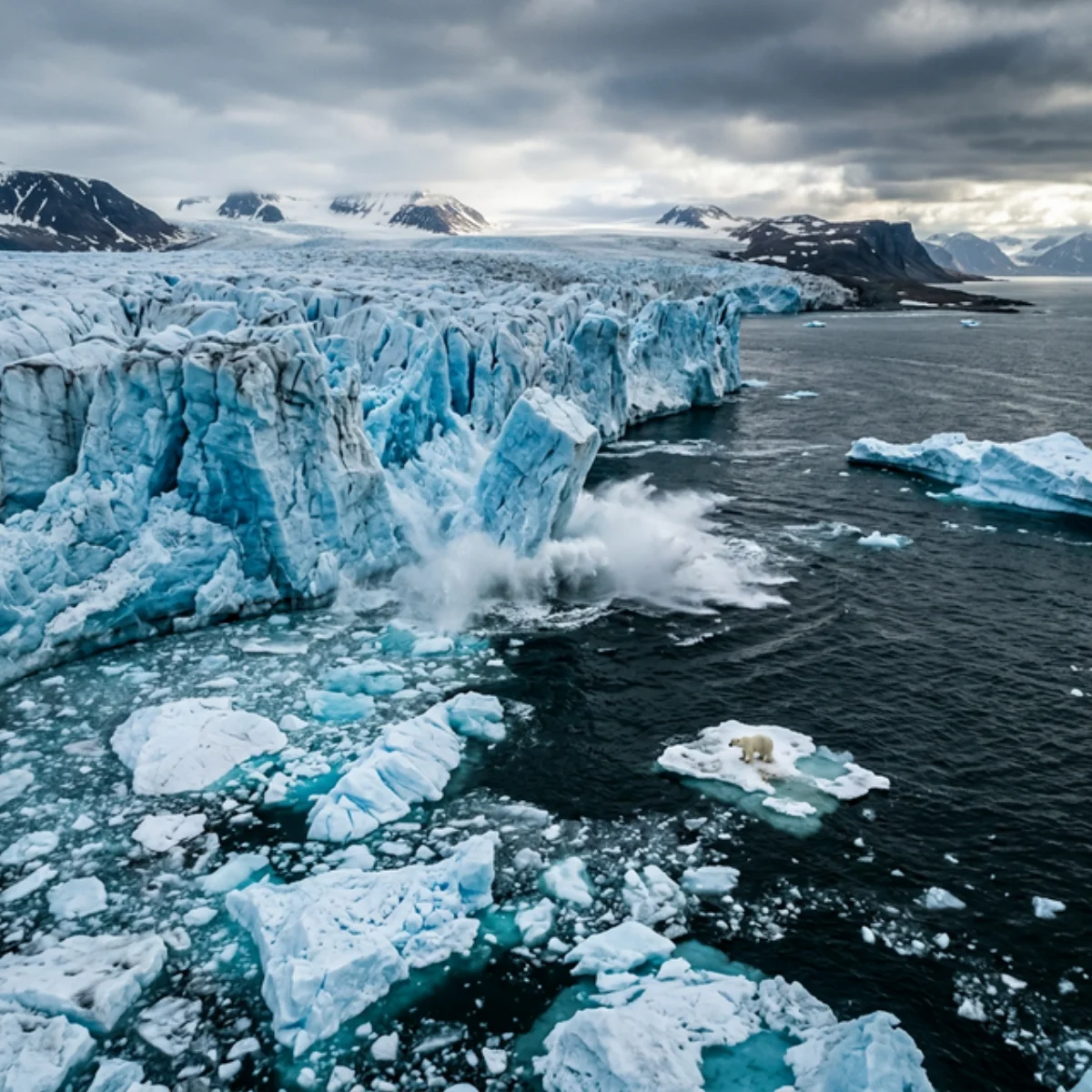 Glaciers melting in the Arctic with massive icebergs and polar bear on remaining ice