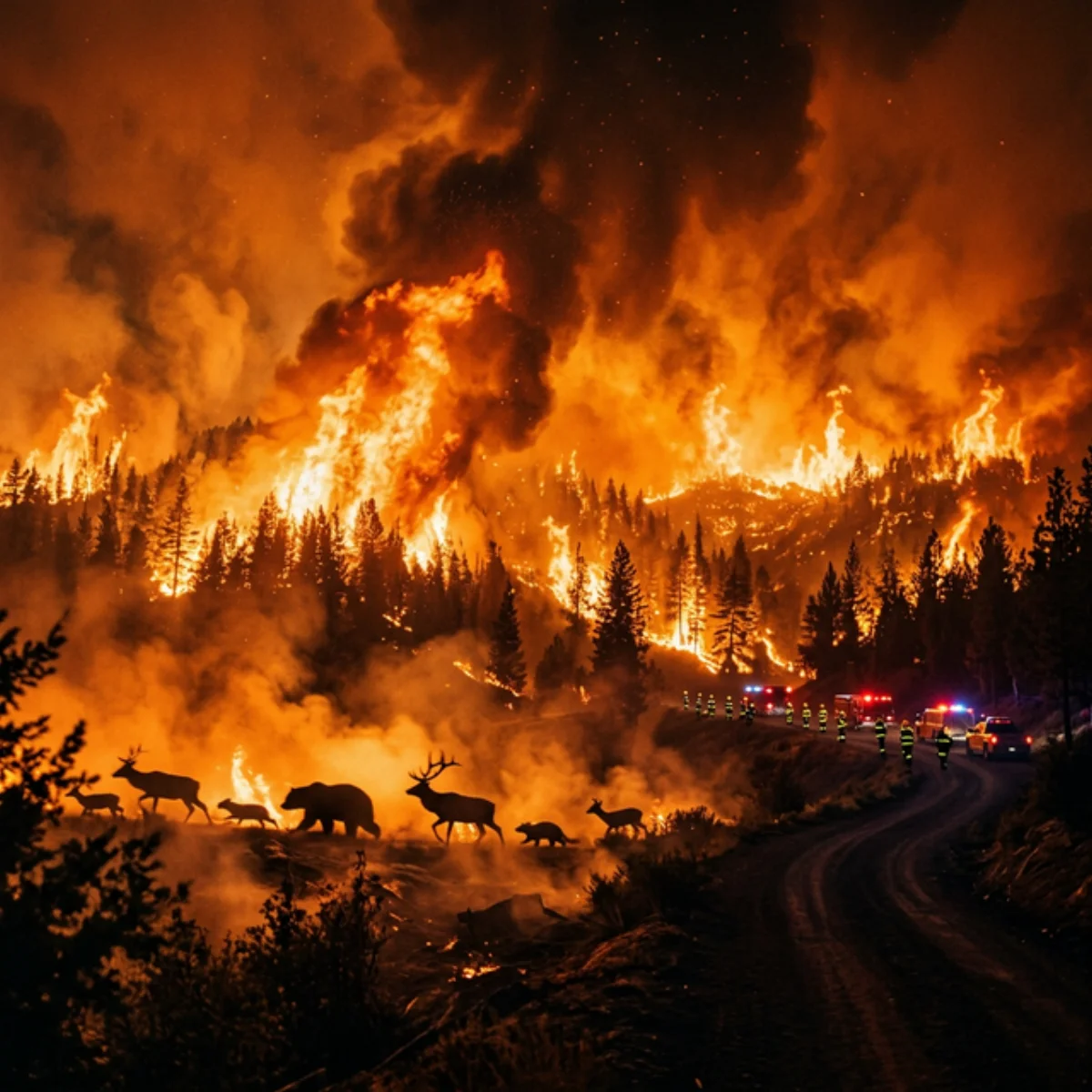 Massive wildfire with walls of flame and animals fleeing under apocalyptic orange sky