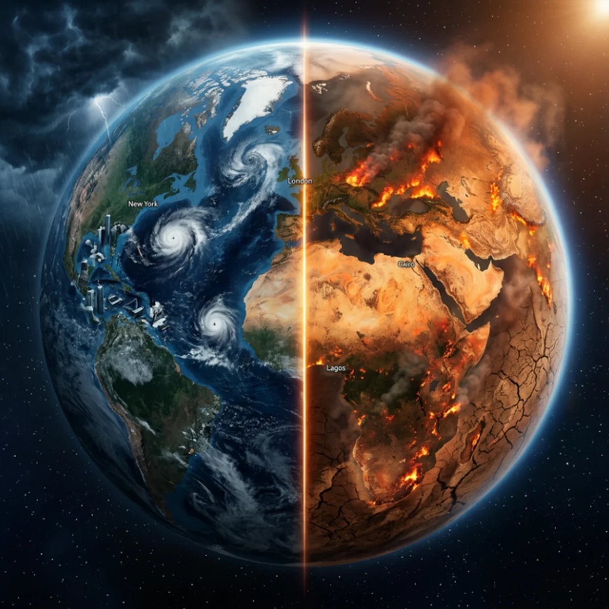 Earth split showing extreme climate contrasts: floods on one side and drought with fires on the other