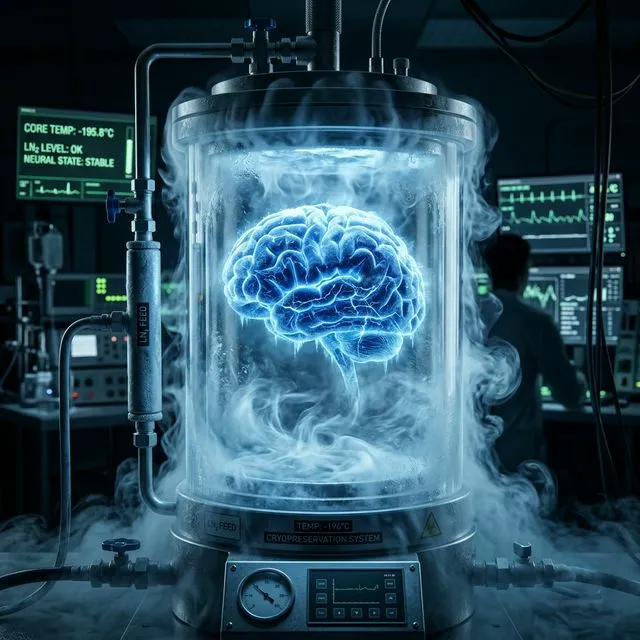 Ilustração de tecido cerebral sendo criopreservado em nitrogênio líquido