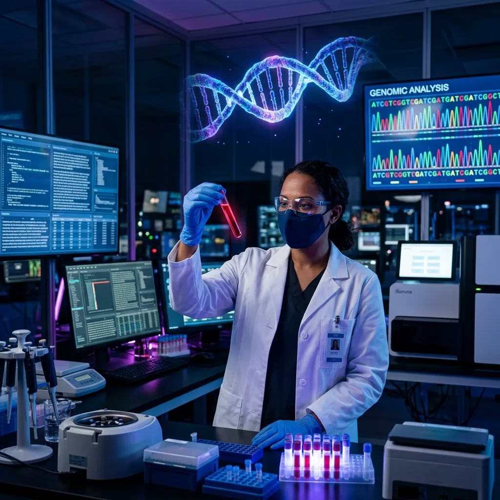 Tubo de sangue sendo analisado em laboratório com equipamento de sequenciamento de DNA