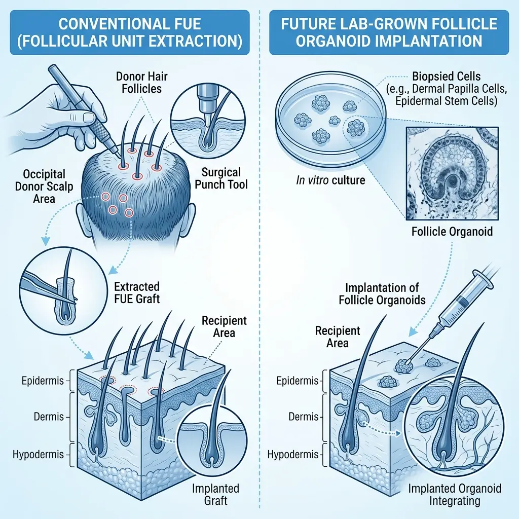 Comparison of conventional hair transplant vs. lab-grown follicle implantation