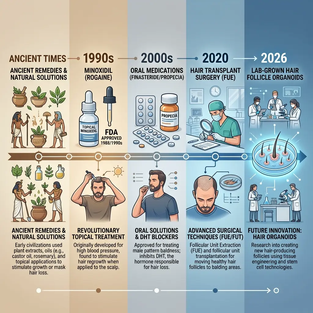 Timeline of hair loss treatments from ancient times to 2026