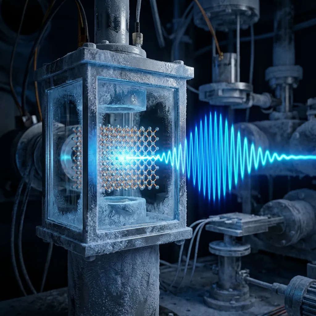 Representação artística de um laser de fônons com ondas quânticas vibrando em escala nanométrica