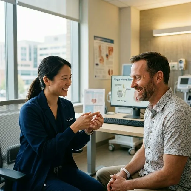 Doctor showing a vagus nerve stimulator device to a smiling patient in a modern office