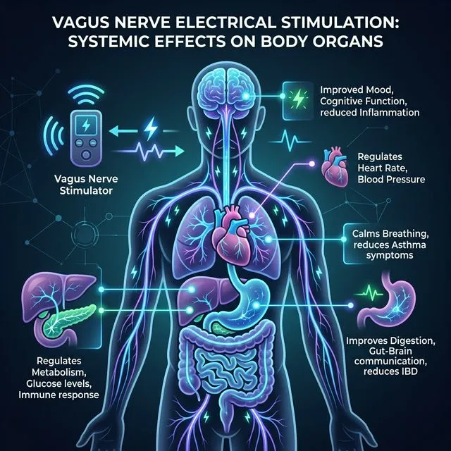 Medical illustration showing vagus nerve electrical stimulation affecting different body organs