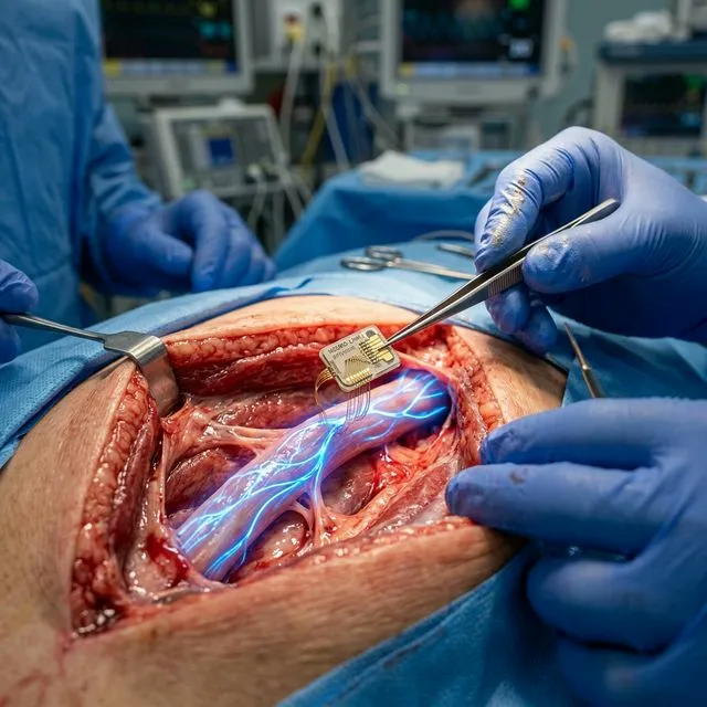 Miniaturized electronic implant being positioned near a nerve during surgery, blue neural pathways visible