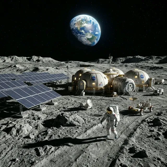 Conceito artístico da base lunar permanente da NASA no programa Ignition