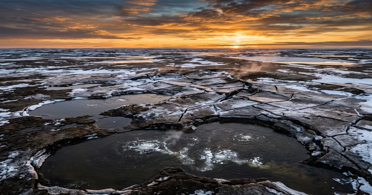 Exposed Arctic permafrost terrain showing layers of ancient ice and carbon