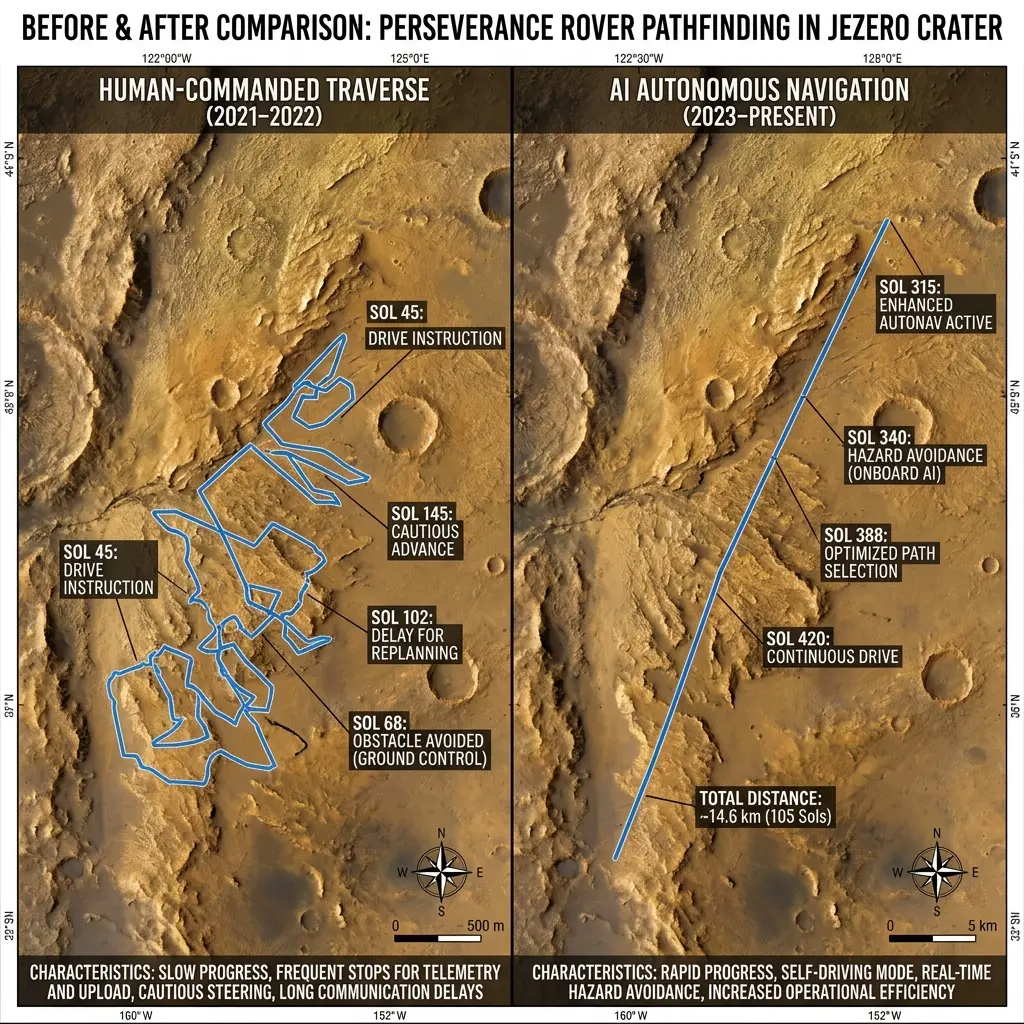 Comparação do desempenho de navegação do Perseverance antes e depois da atualização AutoNav 3.0