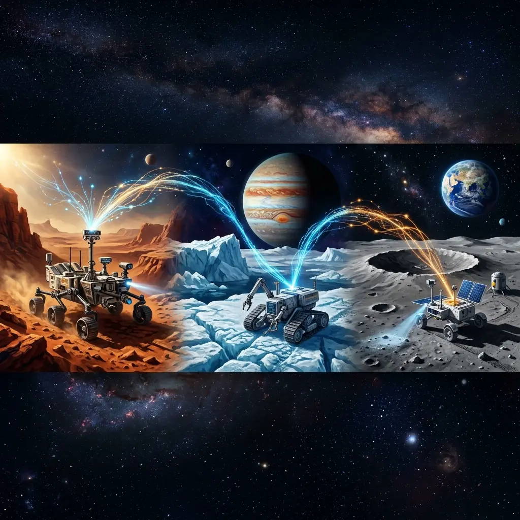 Representação artística do futuro da exploração robótica autônoma em outros planetas e luas