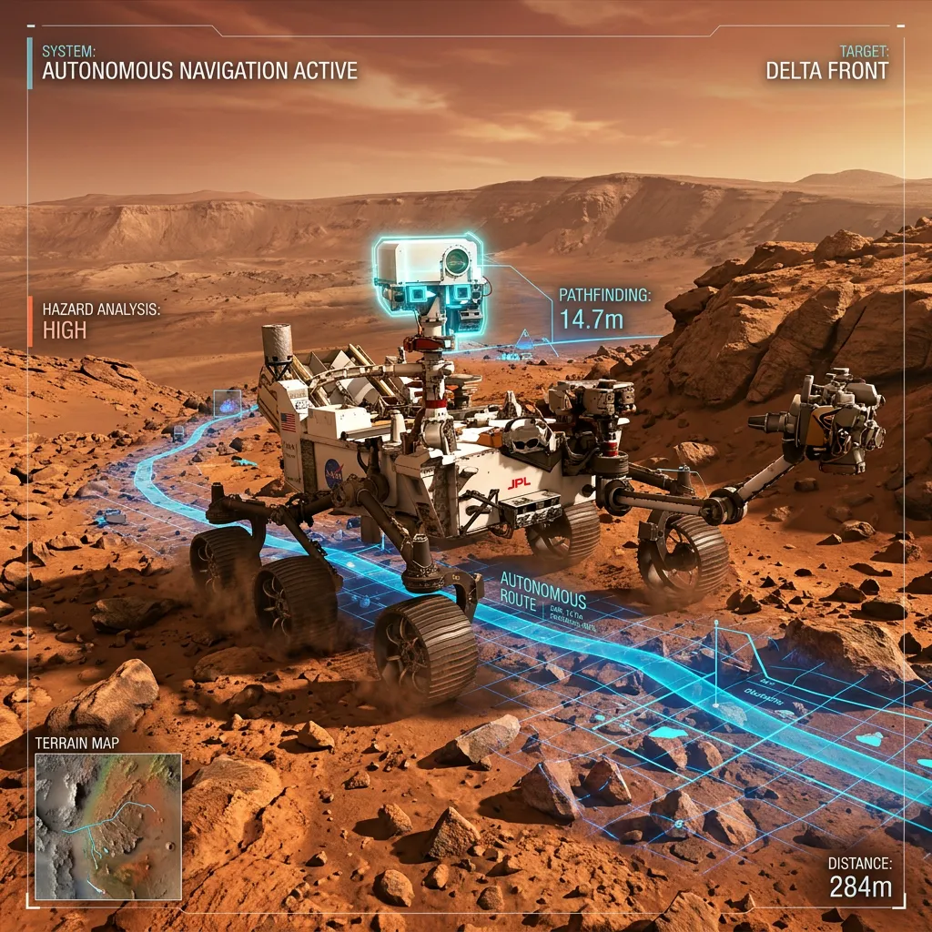Rover Perseverance utilizando IA de navegação autônoma na superfície de Marte