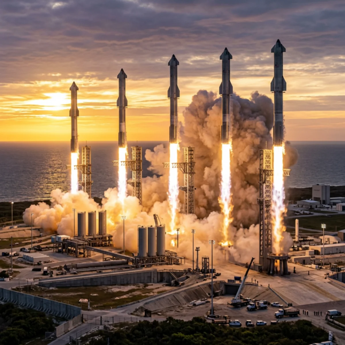 5 Starships launching simultaneously from massive launch complex