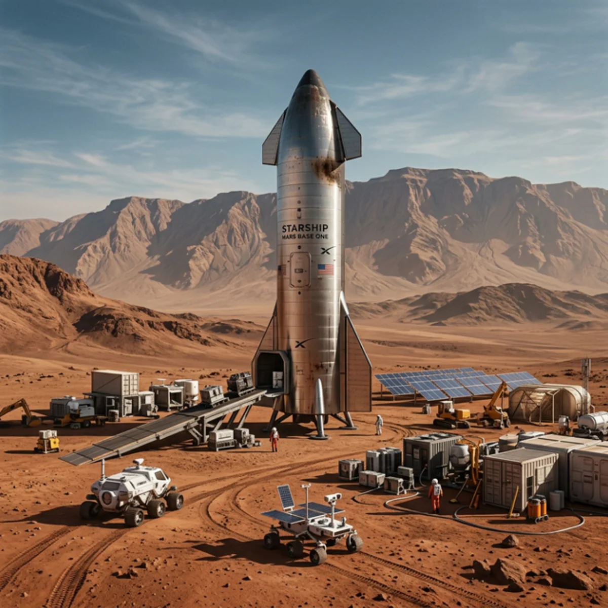 Starship landed on Mars surface surrounded by rovers and cargo equipment