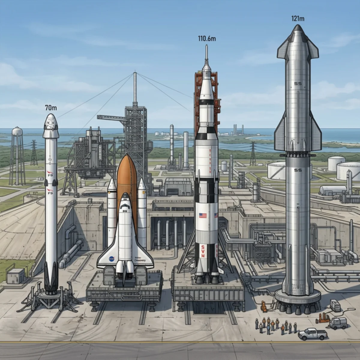 Size comparison between Starship, Saturn V, Space Shuttle and Falcon 9