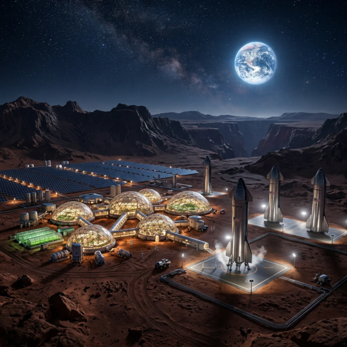 Futuristic Mars colony with domed habitats, solar panels and multiple Starships