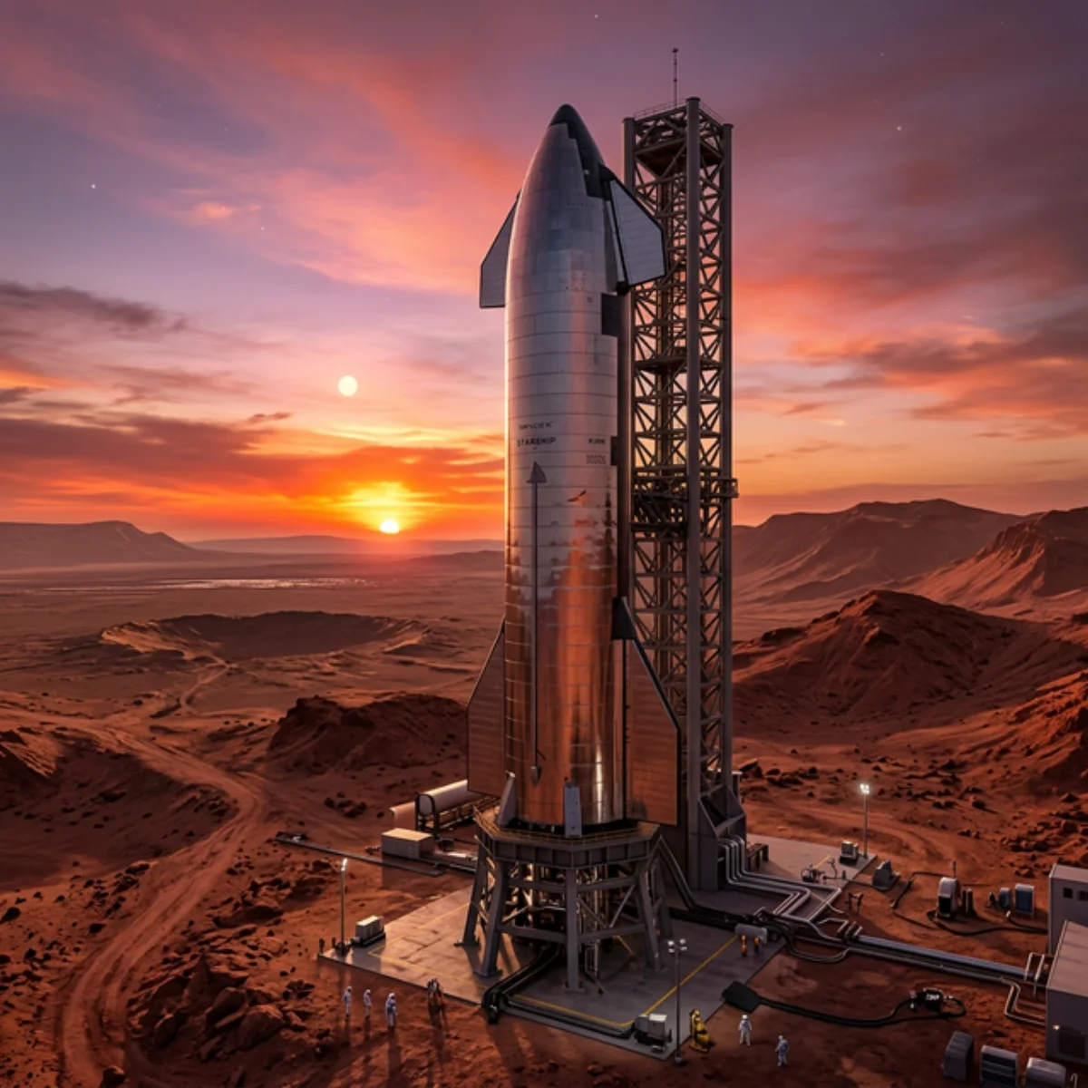 SpaceX Starship on Mars launchpad with dramatic Martian sunset