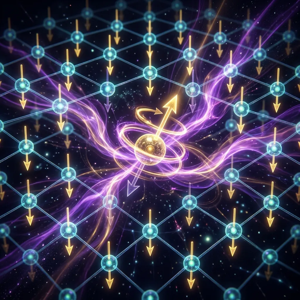 Artistic visualization of electron spin flipping inside a magnetic crystal lattice