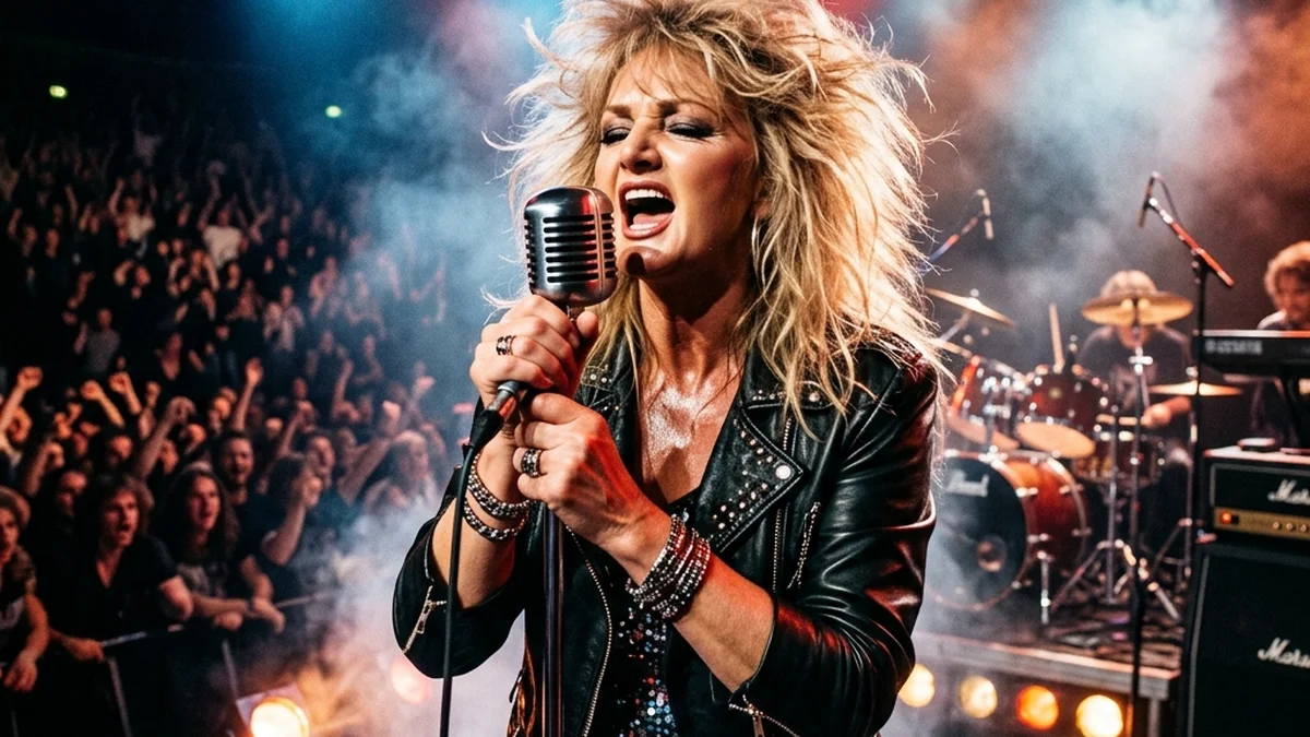 Bonnie Tyler on stage during a concert in the 80s, the golden era of her musical career.