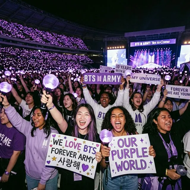 Fãs do ARMY com lightsticks púrpura e cartazes emocionais durante o concerto de reunião do BTS em Seul