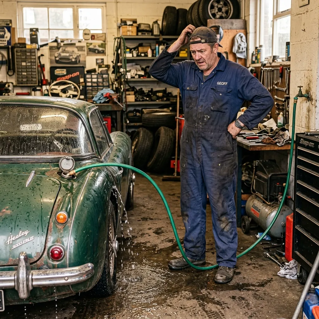 Carro antigo com mangueira de jardim saindo do tanque de combustível, estilo meme absurdo