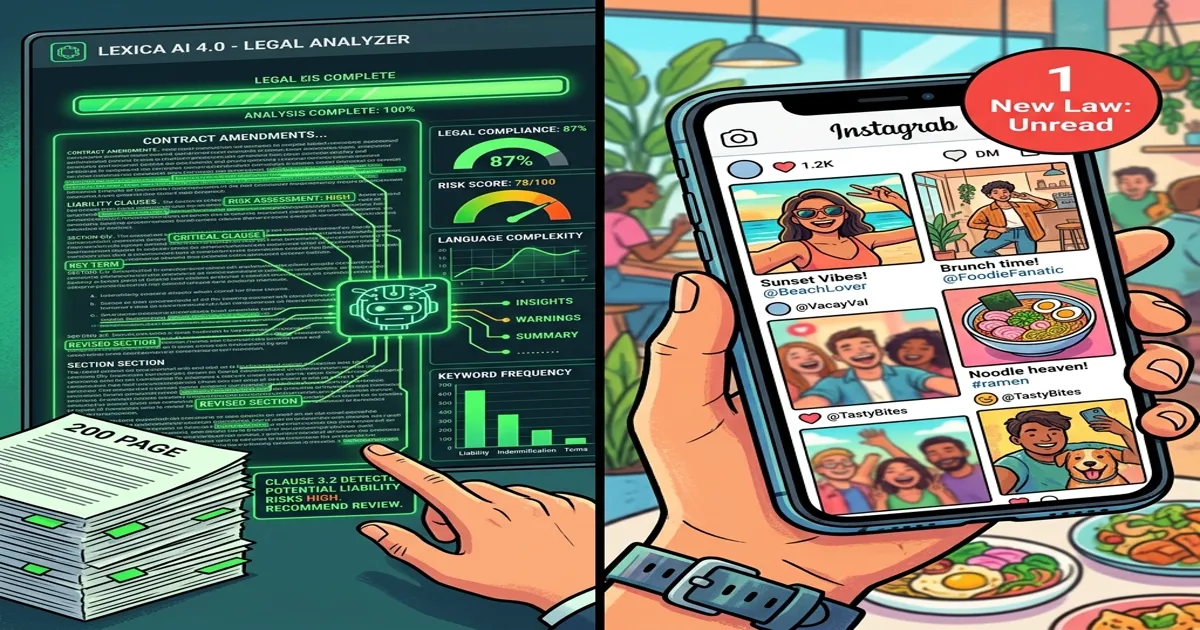 Split screen: AI analyzing document vs congressman on phone